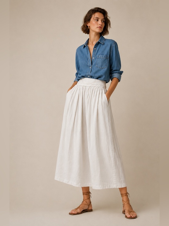 MAX&Co. Dresses & Skirts - MAX&Co MaxMara White Linen Midi Skirt with Pockets Italian Summer Style Size S